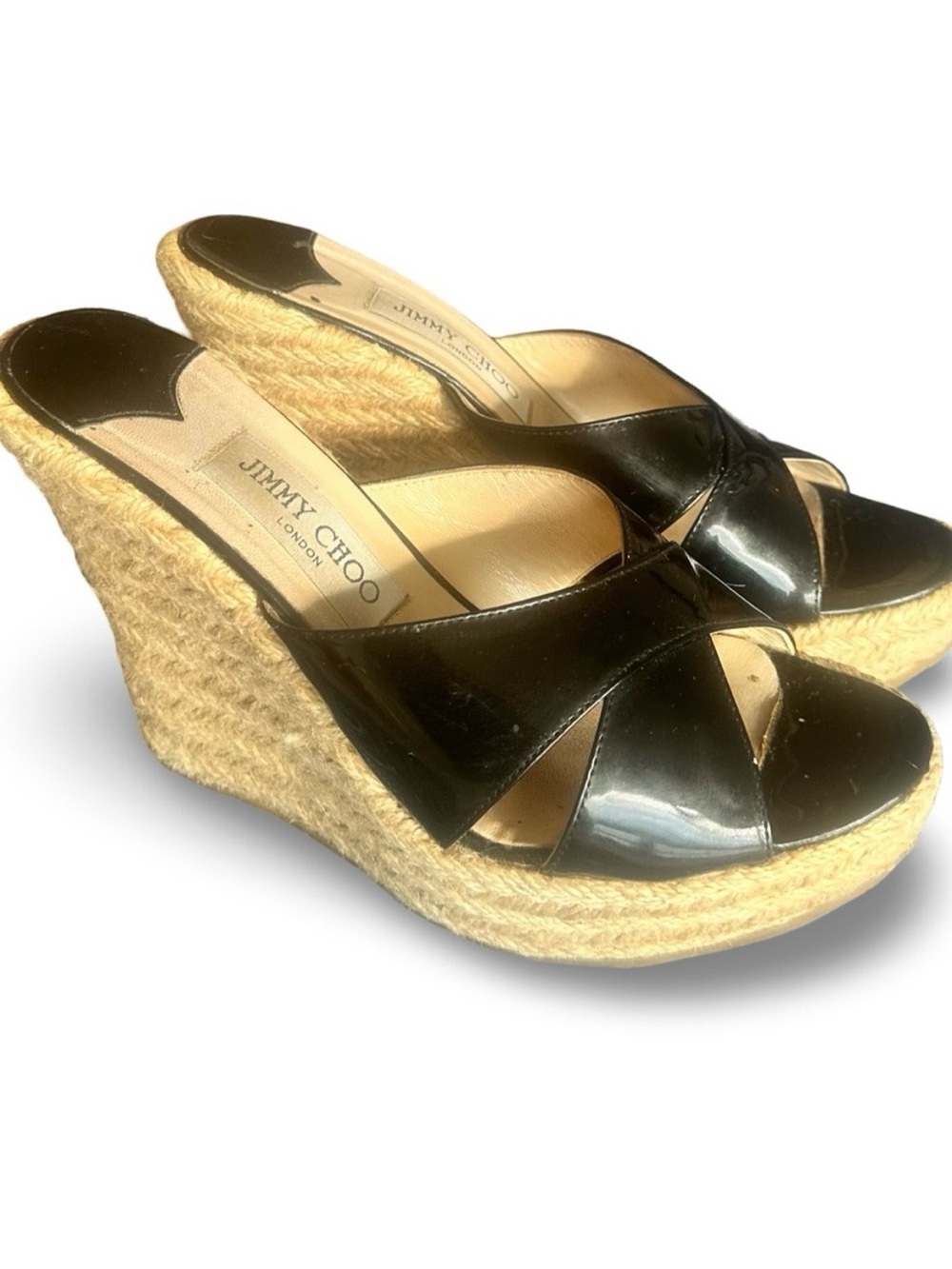 Jimmy Choo Black Leather Espadrille Wedge Mules